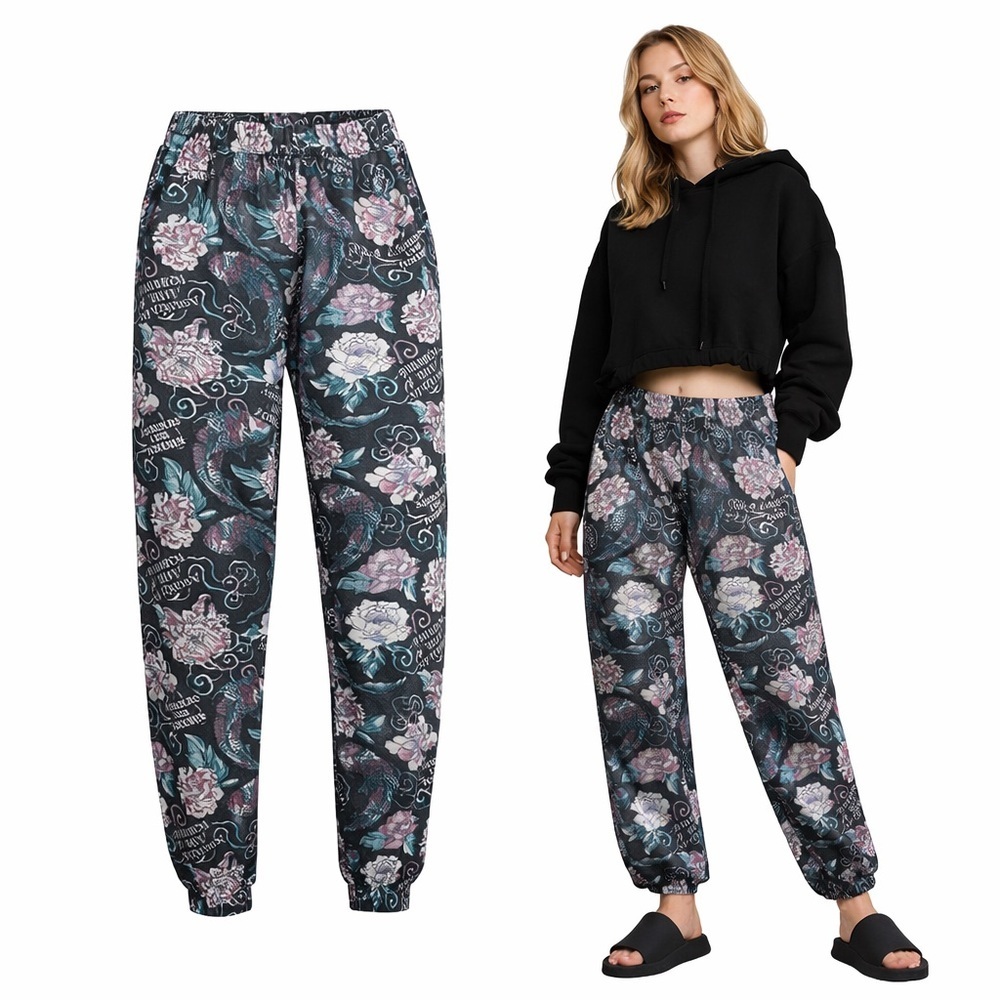 Assholes Live Forever | Jogger Pants Black Floral Graphic Lounge Sweatpants | XL